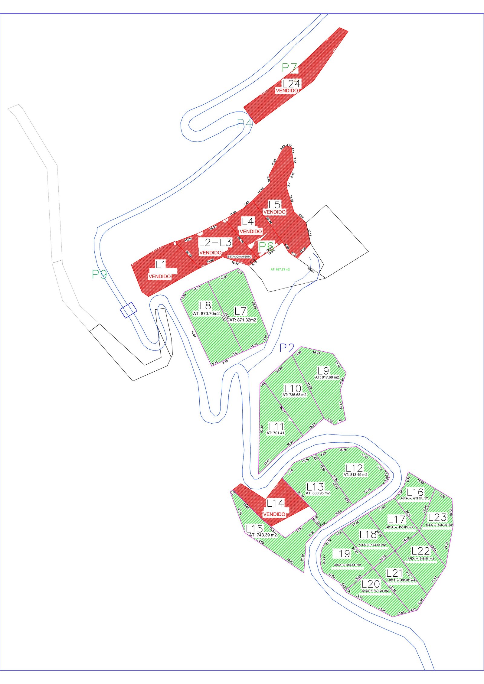 Plano de lotes: en verde los disponibles y en rojo los vendidos