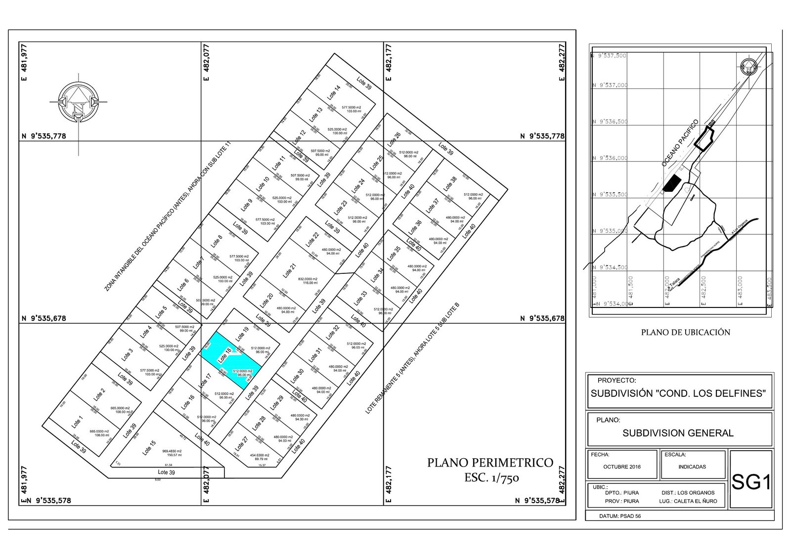 Plano de subdivisión Los Delfines: en celeste, el lote 18 (512 m²)