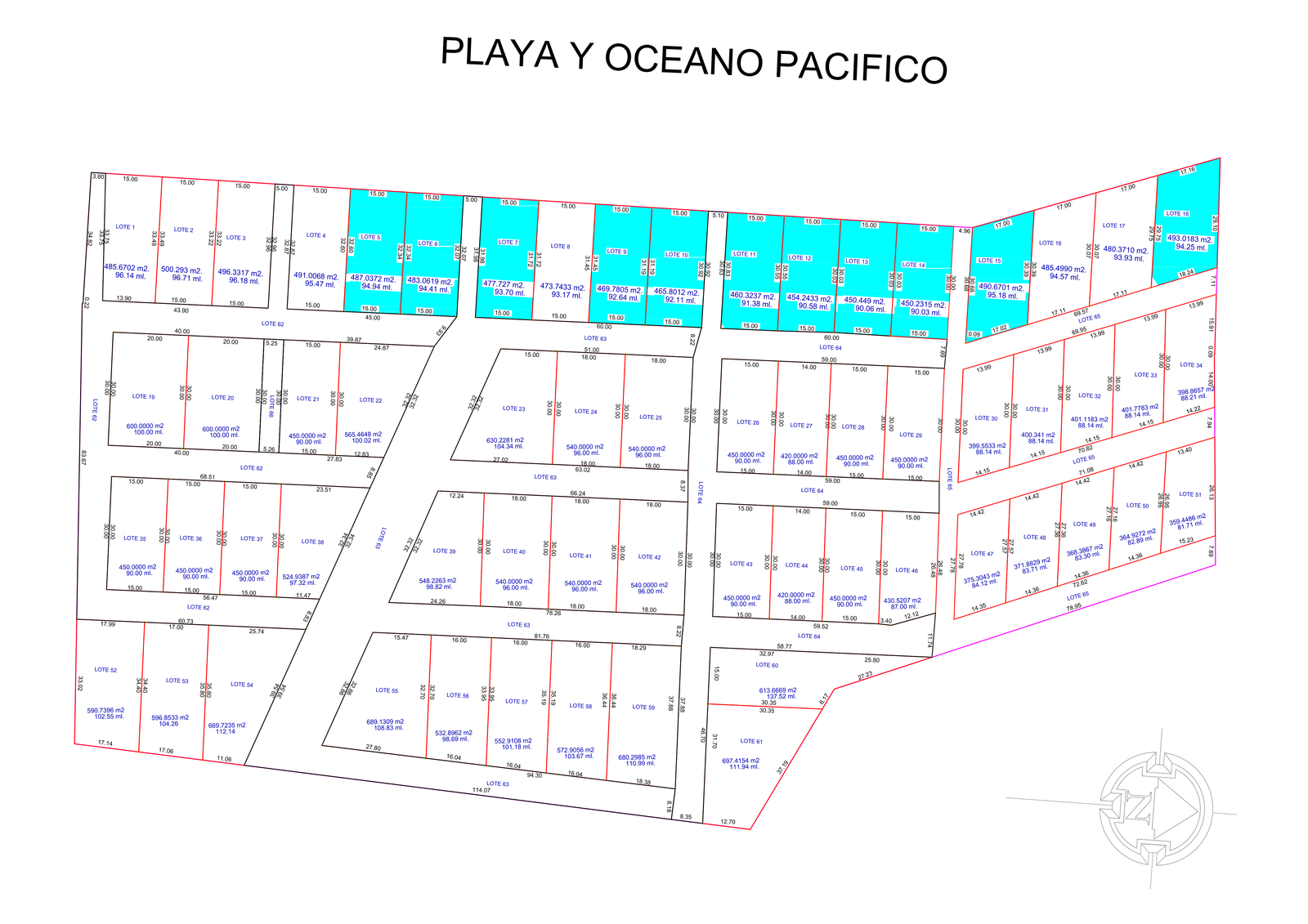 Plano de lotes con medidas exactas: en celeste los lotes vendidos