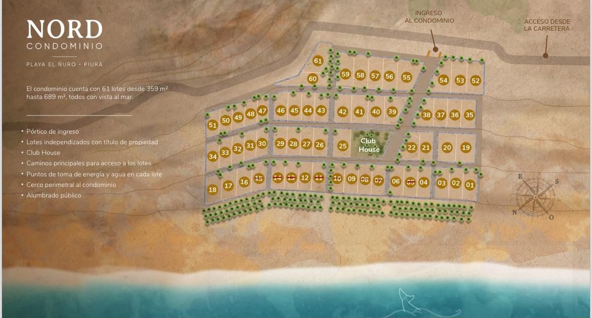 Plano del condominio: 61 lotes, todos con vista al mar