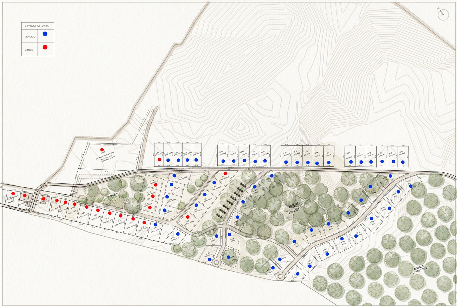Plano de lotes: en azul los lotes vendidos y en rojo los disponibles